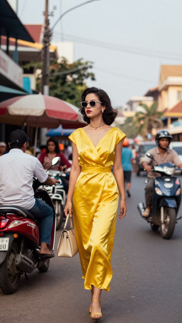 High Fashion Colorful 1950s Street Scene Phnom Penh Cambodia Late Morning in in Phnom Penh, Cambodia