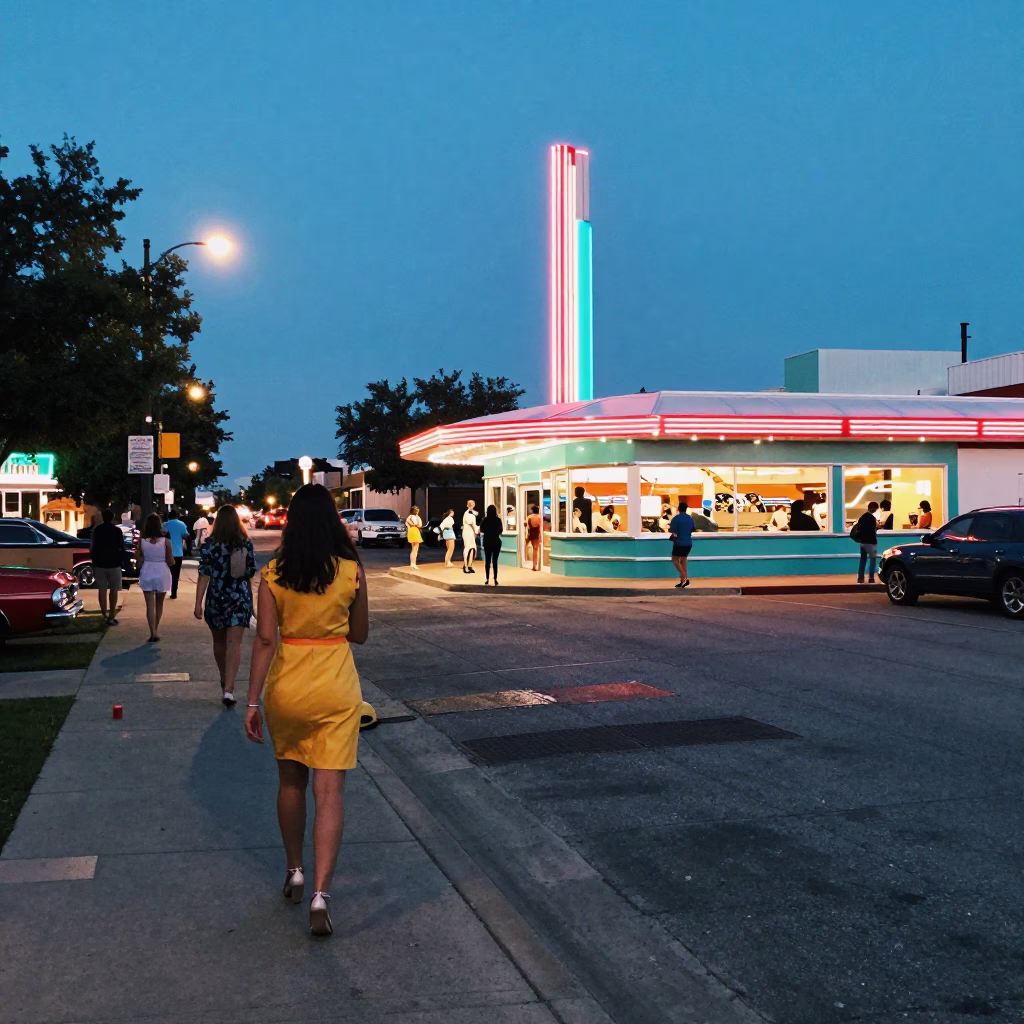 High Fashion Colorful 1960s Austin Texas Evening Street Scene with Coffee Mugs in in Austin, Texas, United States