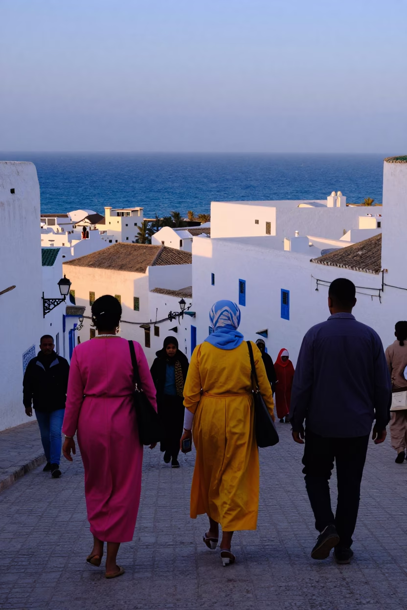 High Fashion Colorful 1960s Style Candid Street Photography in Essaouira Morocco Early Evening in in Essaouira, Morocco