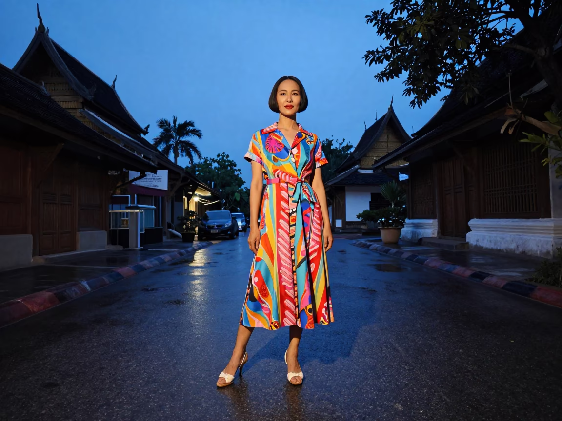 High Fashion Colorful 1960s Style Portrait in Chiang Mai Thailand Before Dawn in in Chiang Mai, Thailand