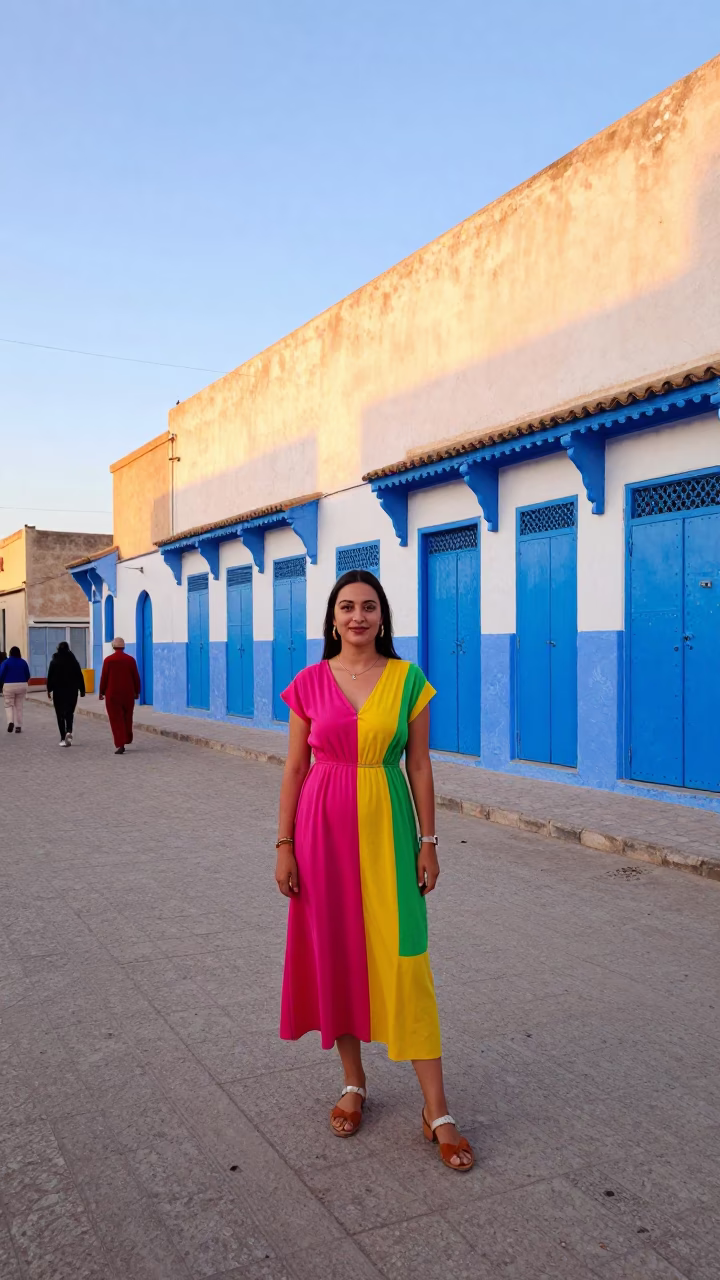 High Fashion Colorful 1960s Style Portrait in Essaouira Morocco Just After Sunrise in in Essaouira, Morocco
