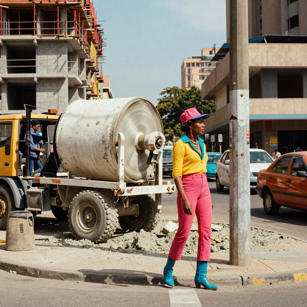 High Fashion Colorful 1970s Johannesburg Street Scene with Construction and Urban Life in in Johannesburg, South Africa