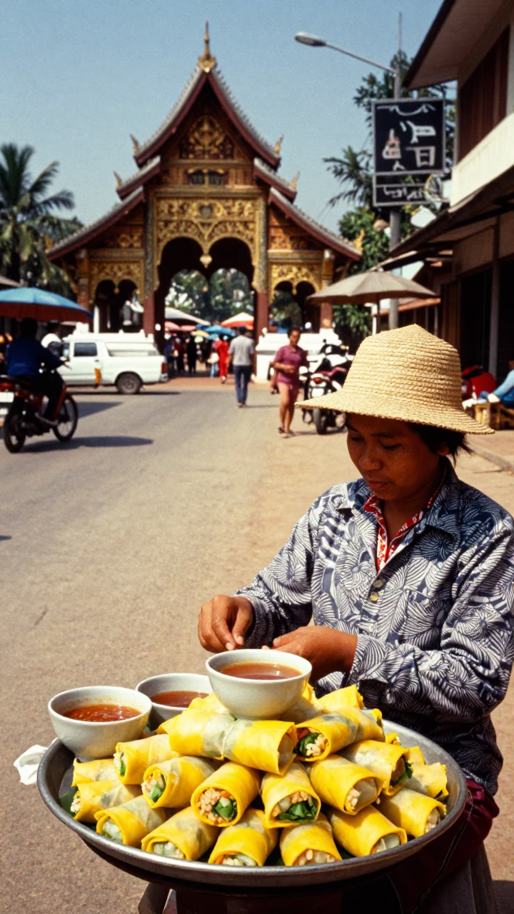 High Fashion Colorful 1970s Luang Prabang Laos Noon Street Scene with Traditional Elements in in Luang Prabang, Laos