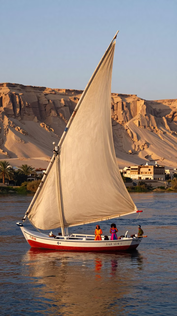 High Fashion Colorful 1970s Luxor Egypt Nautical Dawn Felucca on Nile River in in Luxor, Egypt