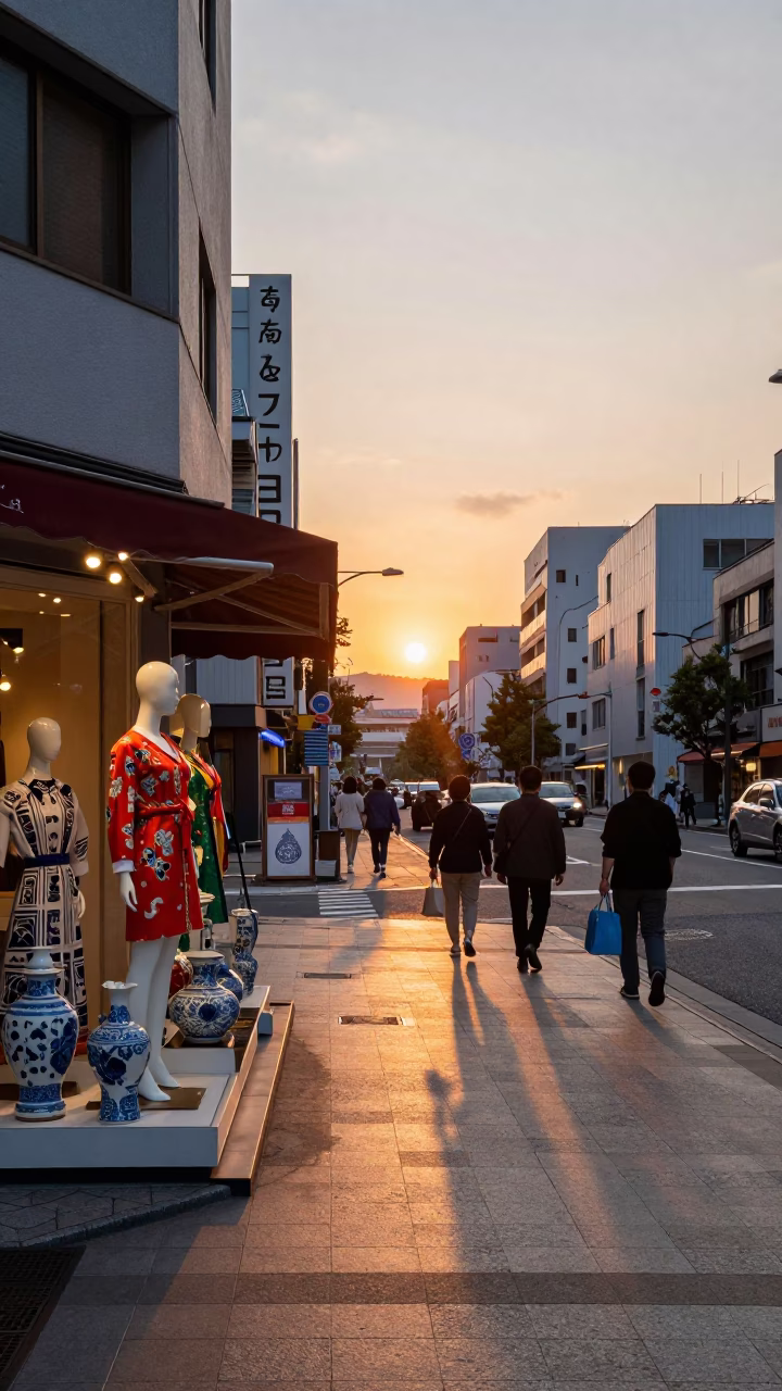 High Fashion Colorful 1970s Street Scene in Fukuoka Japan at Sunset in in Fukuoka, Japan
