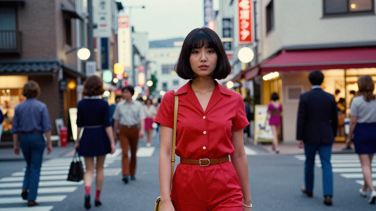 High Fashion Colorful 1970s Street Scene in Fukuoka Japan Early Evening in in Fukuoka, Japan