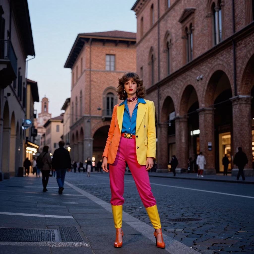 High Fashion Colorful 1980s Bologna Dawn Street Style with Vintage Car in in Bologna, Italy