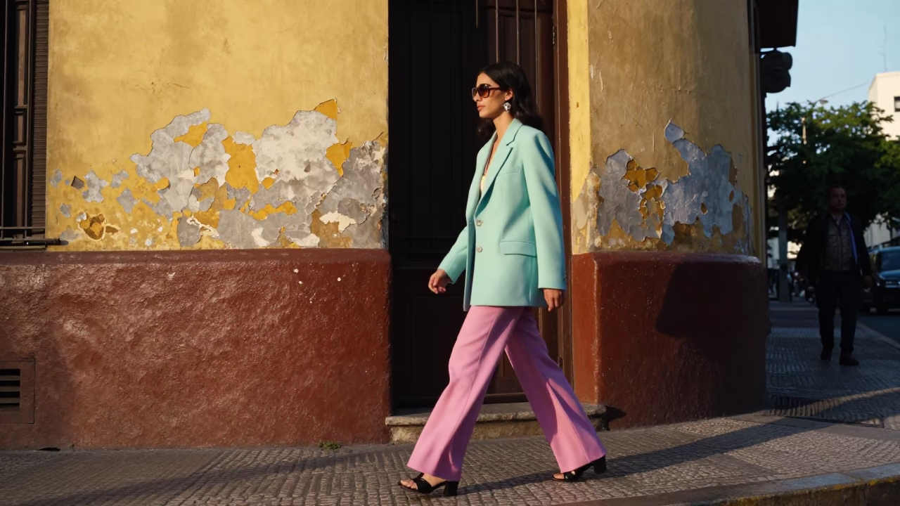 High Fashion Colorful 1980s Buenos Aires Street Style Early Morning in in Buenos Aires, Argentina