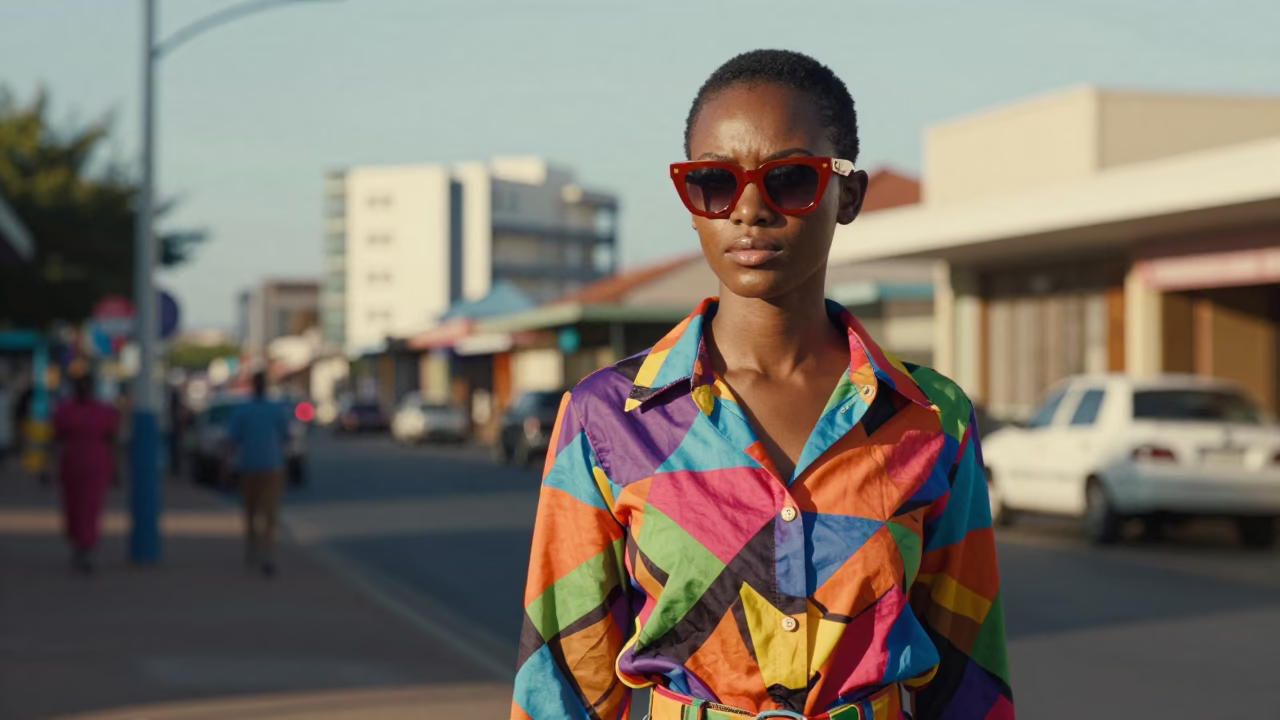 High Fashion Colorful 1980s Durban Street Style Late Morning Portrait in in Durban, South Africa