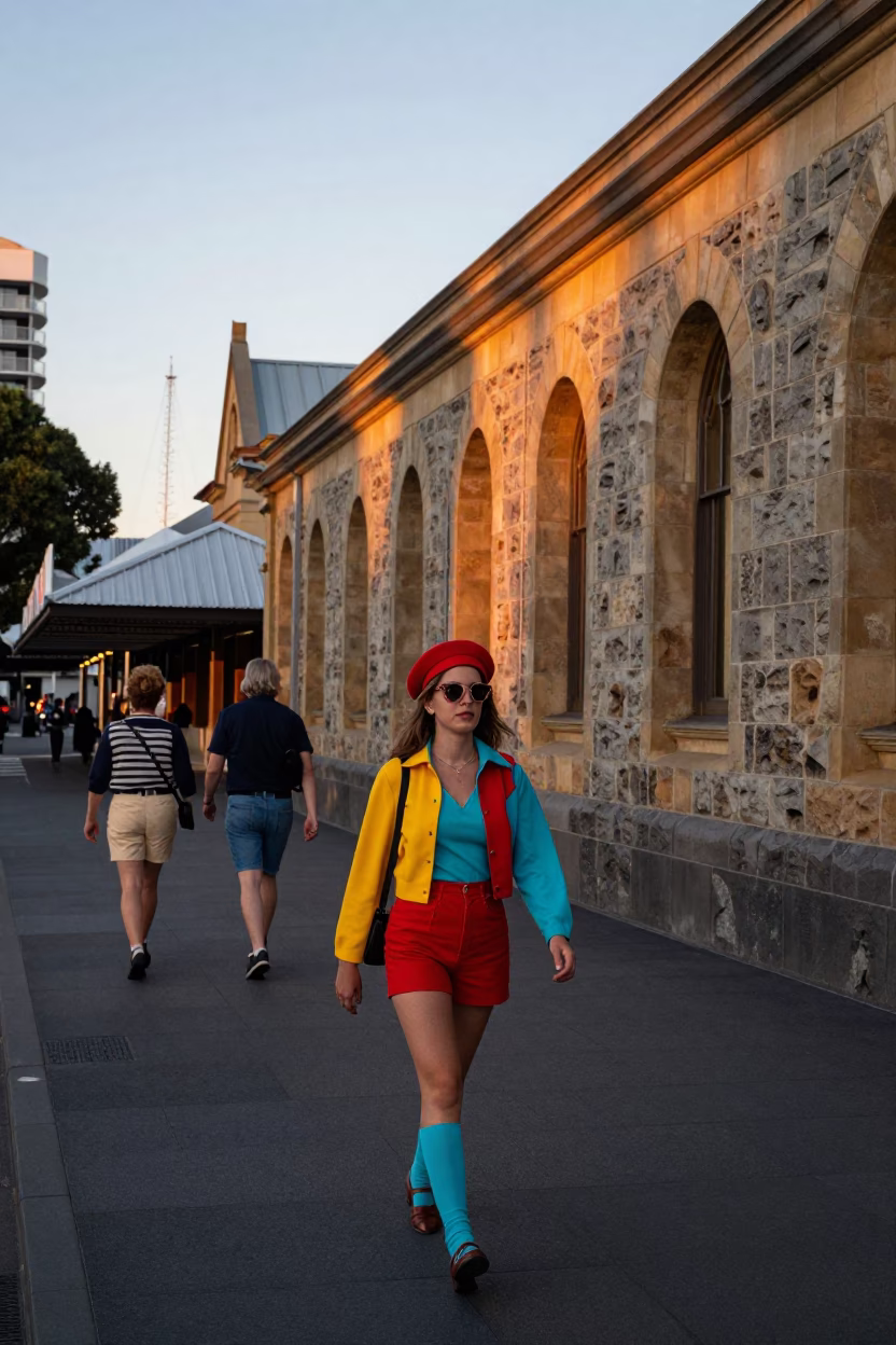 High Fashion Colorful 1980s Hobart Tasmania Nautical Dawn Street Scene in in Hobart, Tasmania, Australia