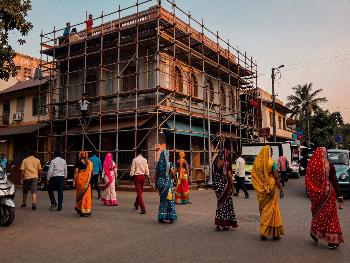 High Fashion Colorful 1980s Hyderabad Street Scene with Scaffolding and Local Life in in Hyderabad, India