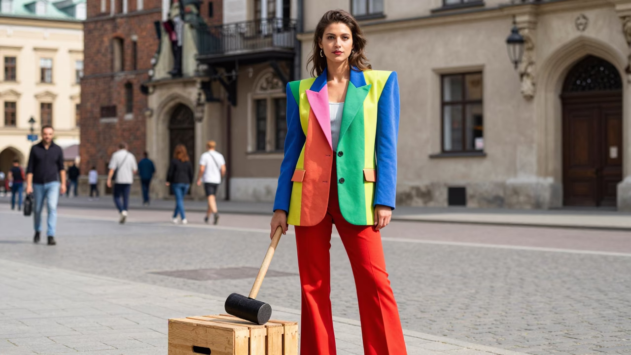 High Fashion Colorful 1980s Krakow Street Style Portrait with Mallet and Bowl in in Krakow, Poland