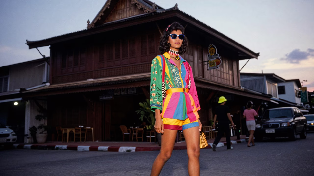 High Fashion Colorful 1980s Photograph in Phuket Thailand Before Dawn in in Phuket, Thailand