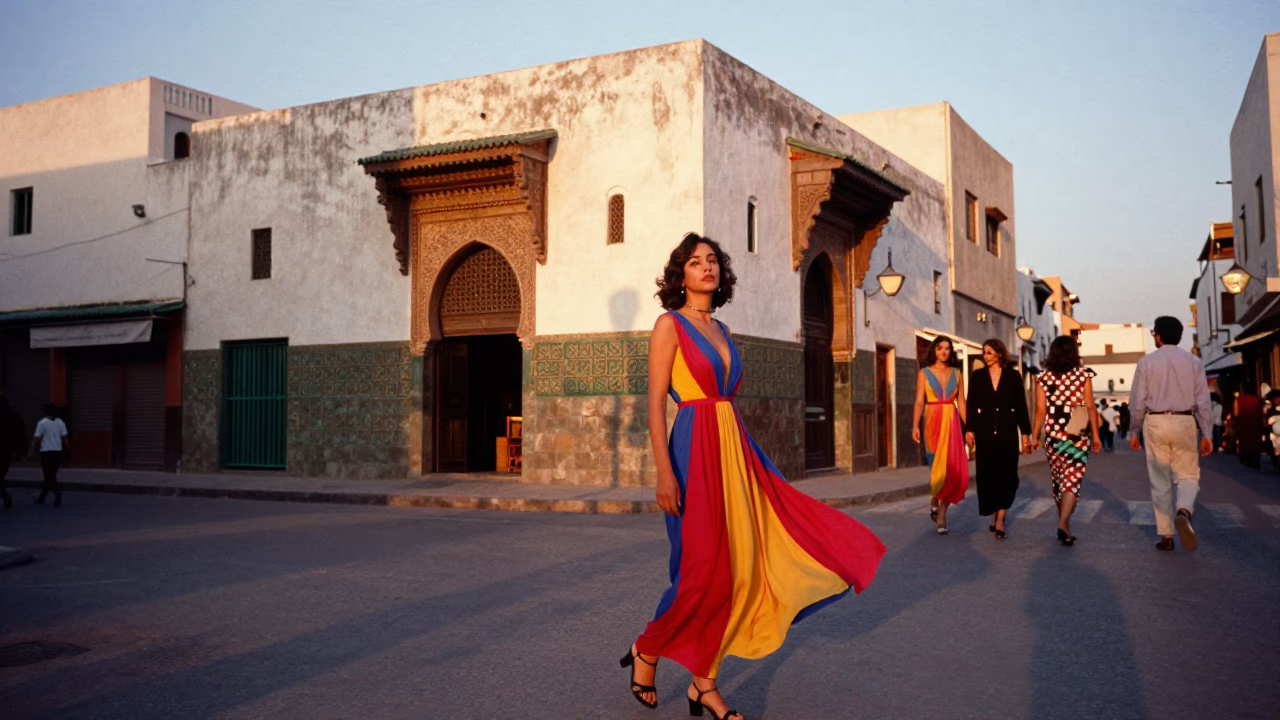 High Fashion Colorful 1980s Street Scene in Casablanca Morocco Early Evening in in Casablanca, Morocco