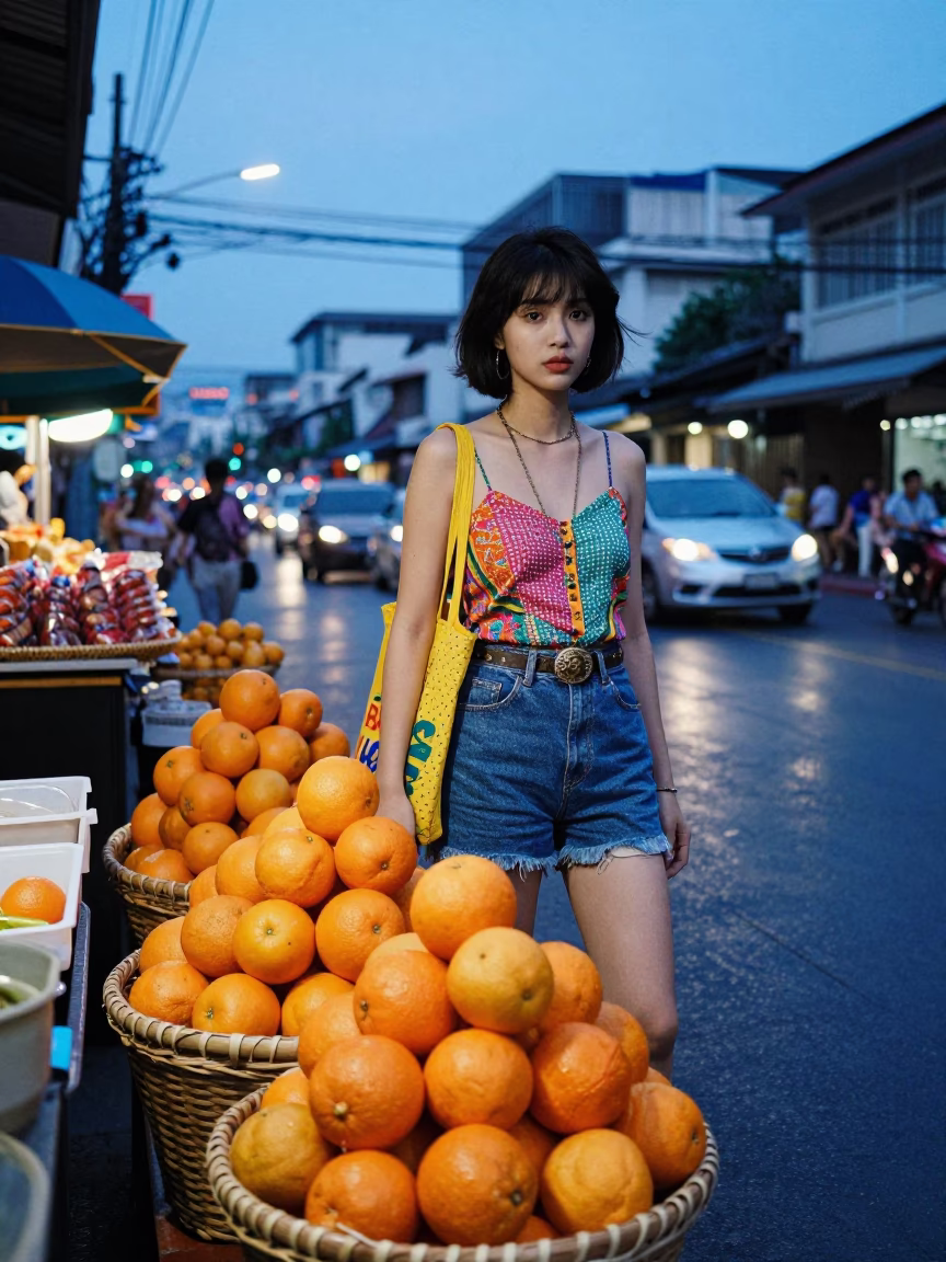 High Fashion Colorful 1990s Bangkok Evening Street Style with Oranges in in Bangkok, Thailand