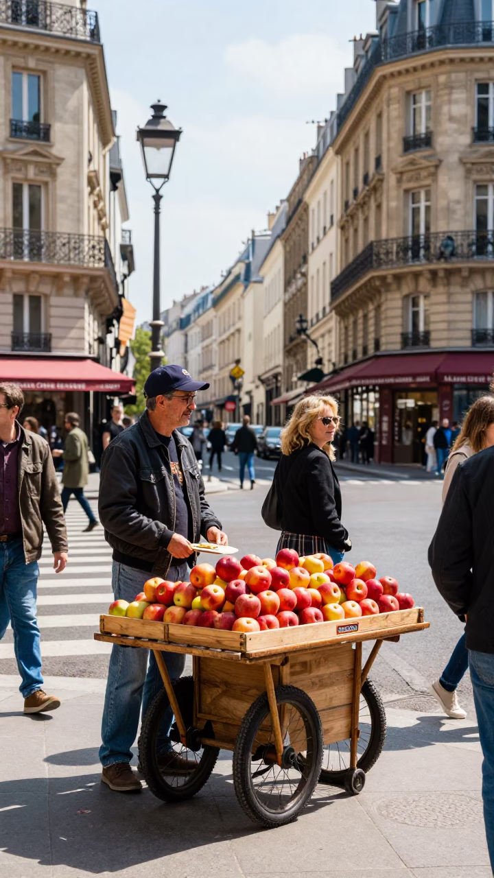 High Fashion Colorful 1990s Parisian Street Scene with Apples and Soap Residue in in Paris, France