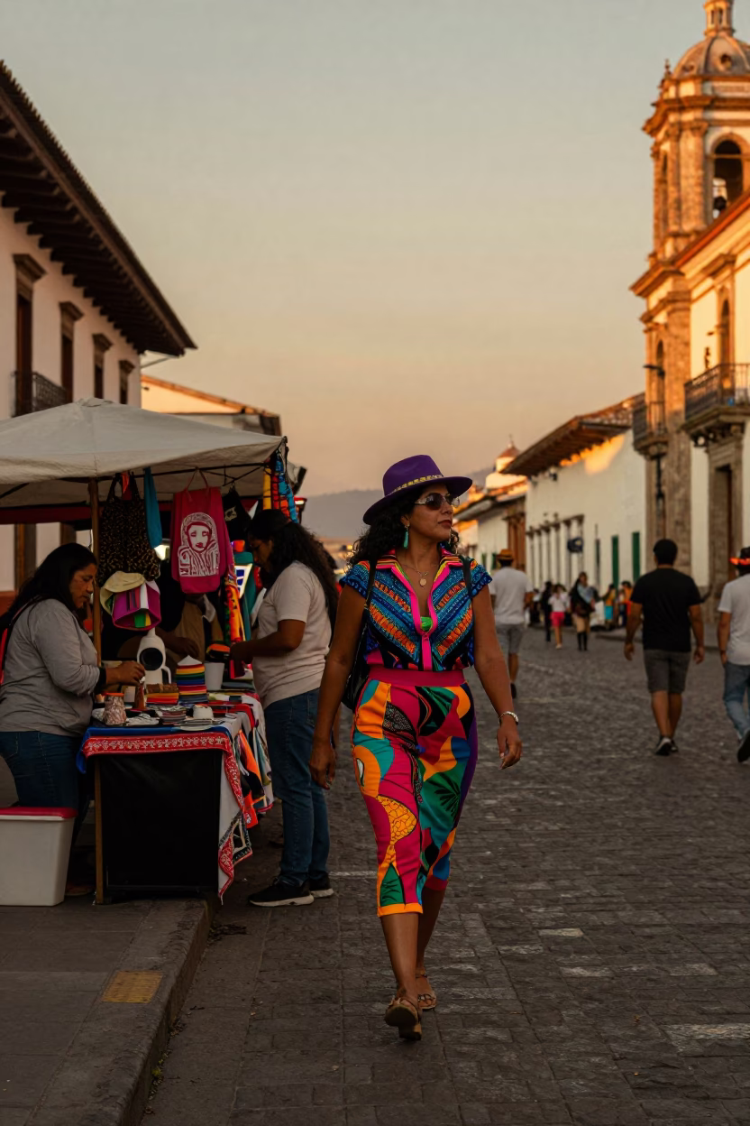 High Fashion Colorful 1990s Quito Ecuador Evening Street Scene with Local Food in in Quito, Ecuador