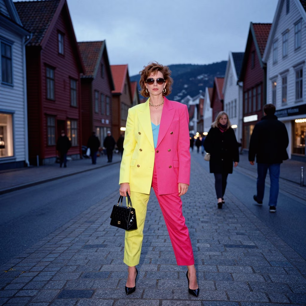 High Fashion Colorful 1990s Street Photography in Bergen Norway Before Dawn in in Bergen, Norway