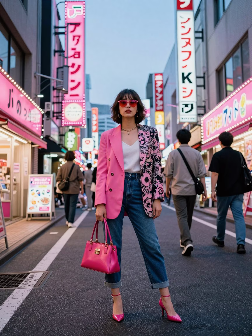 High Fashion Colorful 1990s Street Photography Scene in Fukuoka Japan Early Evening in in Fukuoka, Japan