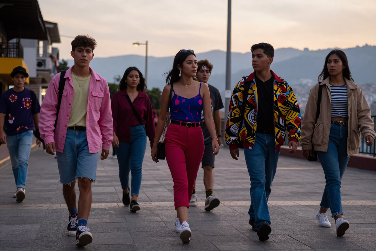 High Fashion Colorful 1990s Street Style in Medellin Colombia Early Evening in in Medellin, Colombia