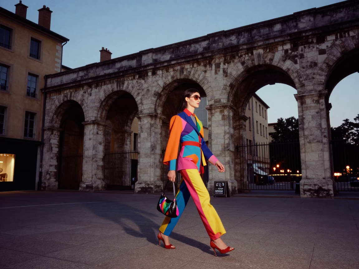 High Fashion Colorful Early Evening Street Style in Lyon France in in Lyon, France
