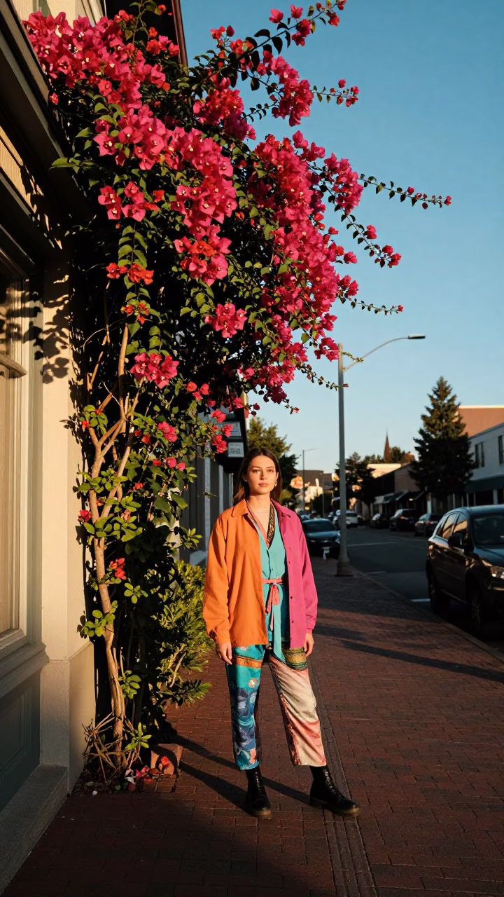 High Fashion Colorful Late Afternoon Street Scene in Portland Oregon with Bougainvillea in in Portland, Oregon, United States