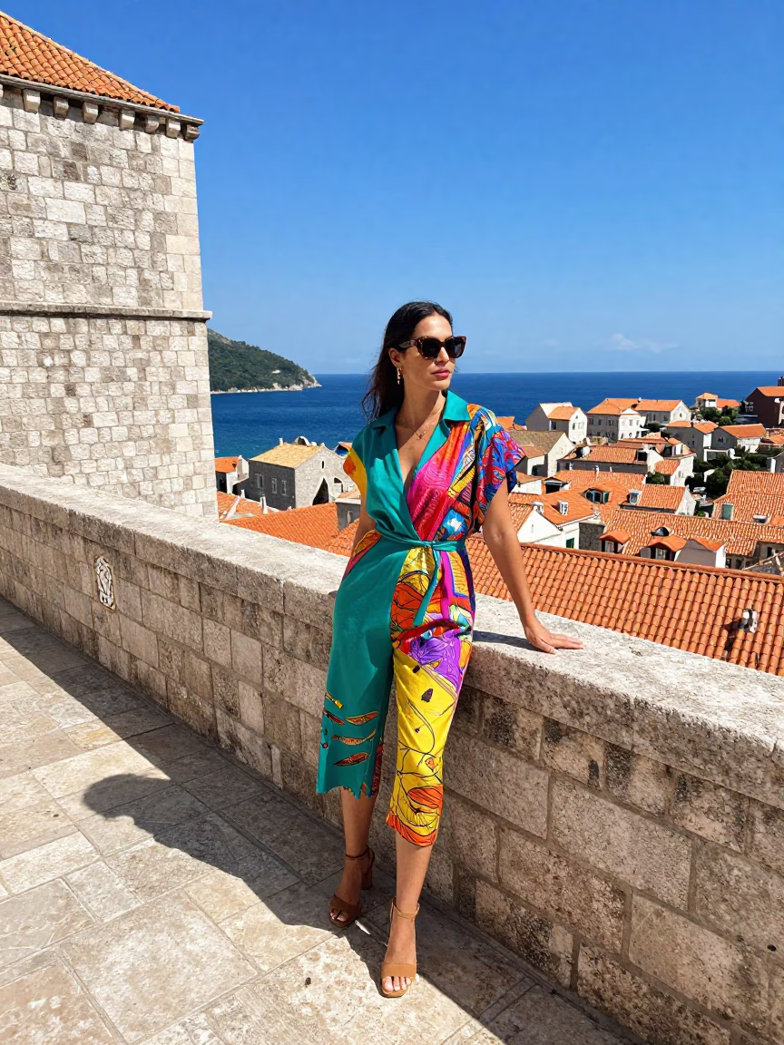 High Fashion Colorful Midday Portrait in Dubrovnik Croatia with Local Elements in in Dubrovnik, Croatia