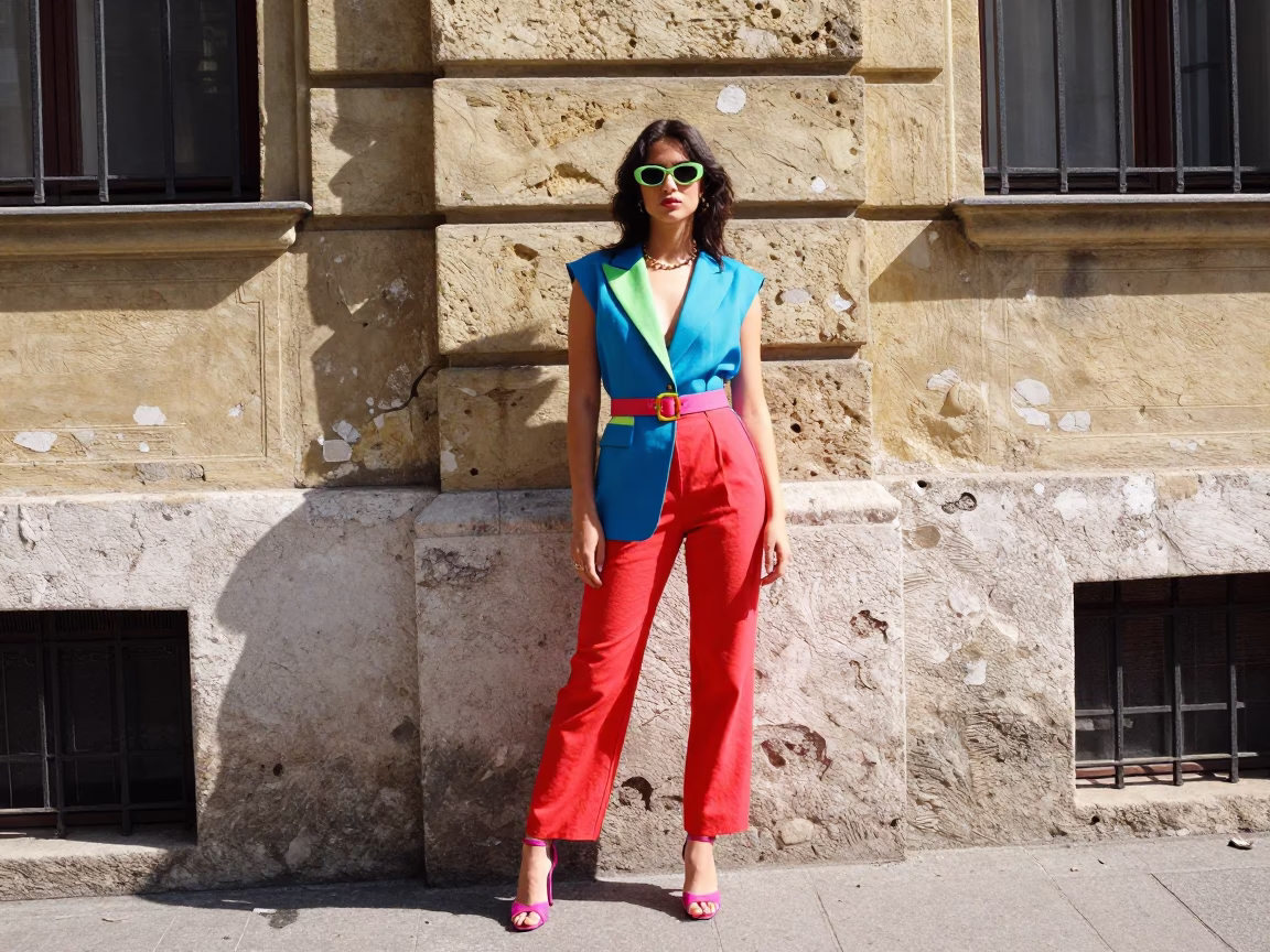 High Fashion Colorful Midday Street Style Portrait in Budapest Hungary in in Budapest, Hungary