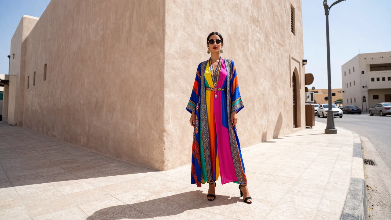 High Fashion Colorful Noon Light Portrait in Muscat Oman Street Scene in in Muscat, Oman