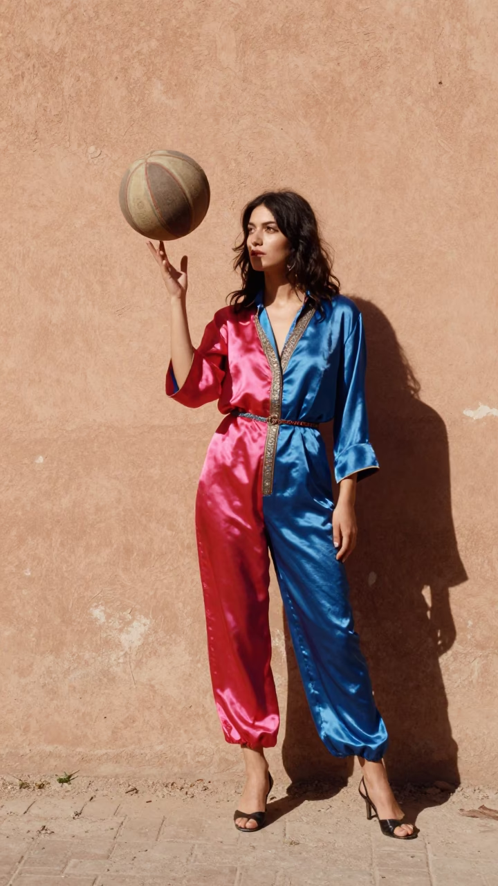 High Fashion Colorful Noon Portrait in Marrakech Morocco with Vintage Basketball in in Marrakech, Morocco