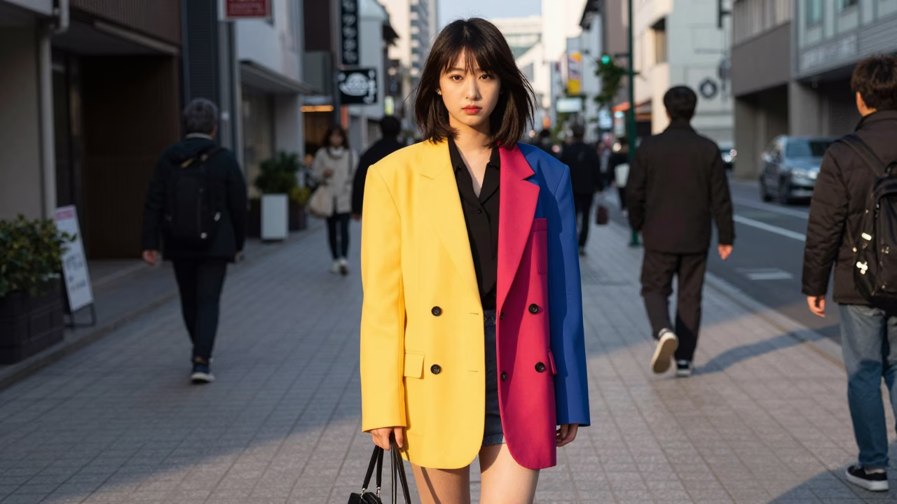 High Fashion Colorful Street Photography in Fukuoka Japan Just After Sunrise in in Fukuoka, Japan