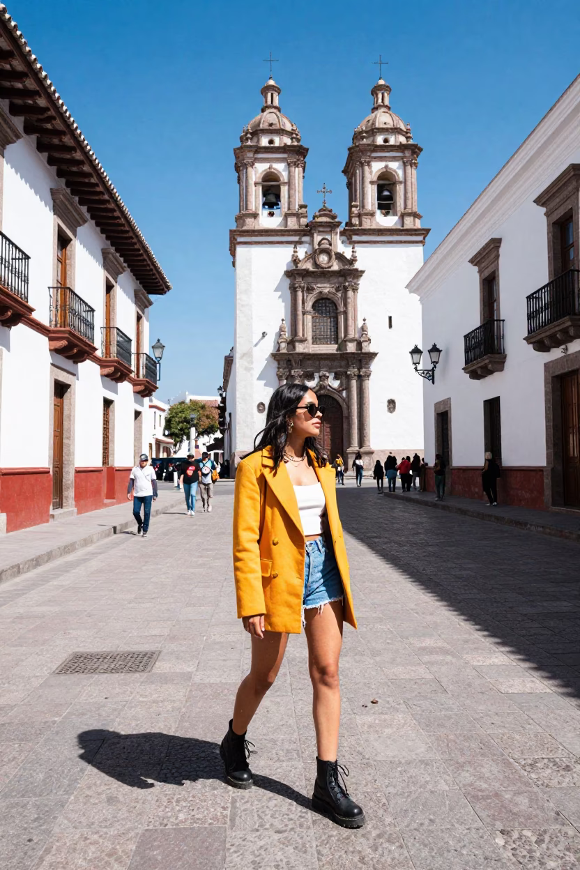 High Fashion Colorful Street Photography in Quito Ecuador Under Flat Noon Glare in in Quito, Ecuador