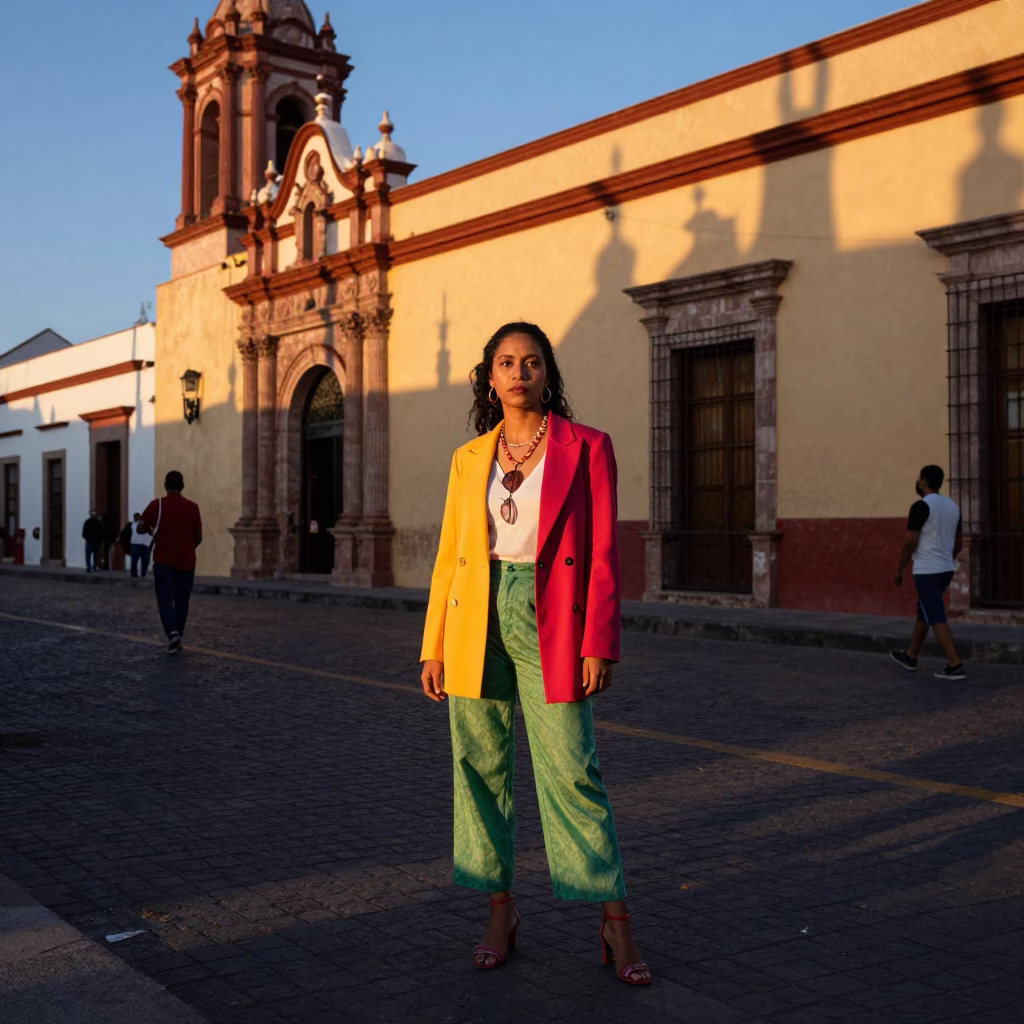 High Fashion Colorful Street Style Portrait in Merida Mexico Early Evening Plaza in in Merida, Mexico