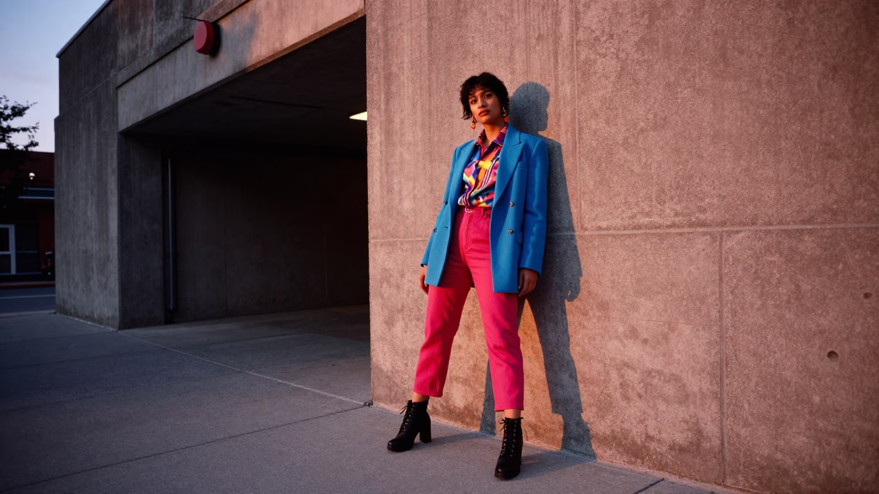 High Fashion Colorful Street Style Portrait in Toronto Before Dusk Near Tunnel Portal in in Toronto, Ontario, Canada