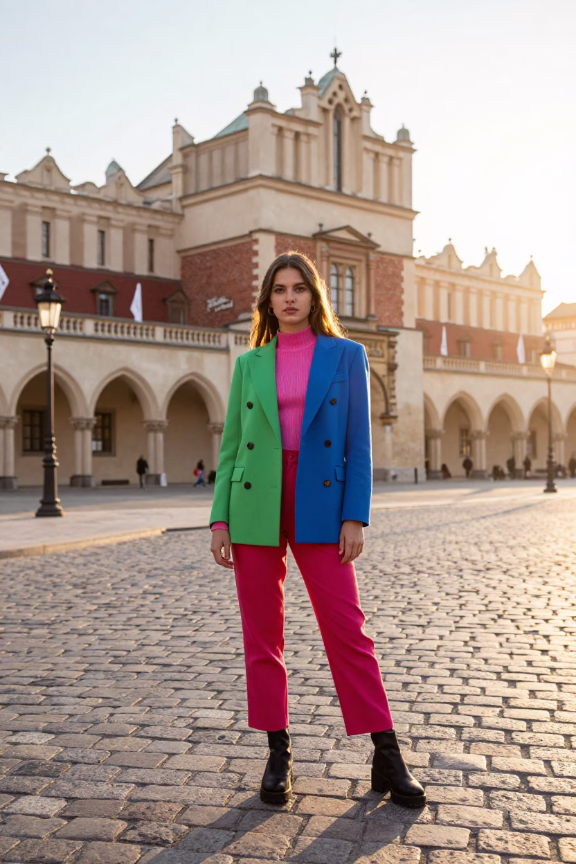 High Fashion Colorful Sunrise Street Style Portrait in Krakow Poland Main Square in in Krakow, Poland