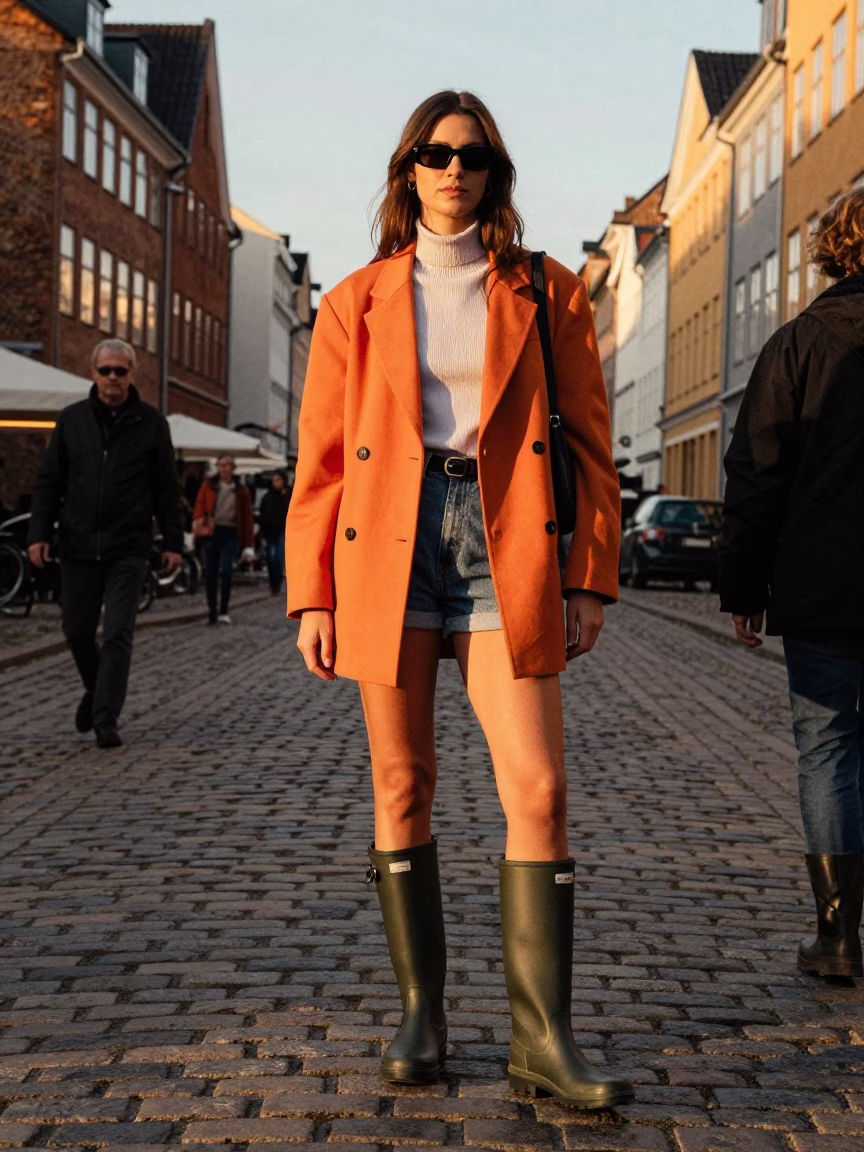 High Fashion Copenhagen Golden Hour Street Style with Rain Boots and Carnival Mask in in Copenhagen, Denmark