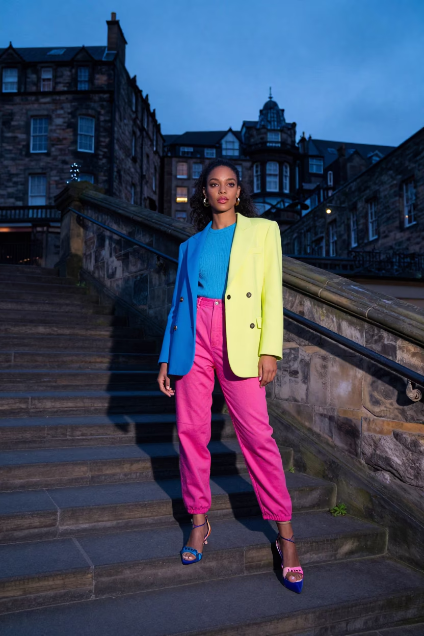High Fashion Edinburgh Street Style at Nautical Dawn Stair Rail and Cobblestone in in Edinburgh, United Kingdom