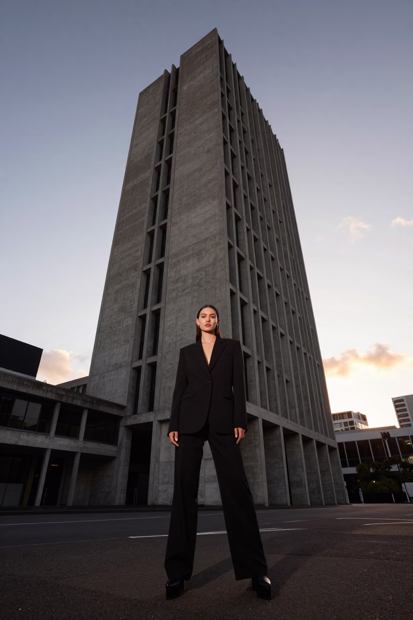 High Fashion Editorial Dusk Auckland New Zealand Brutalist Concrete University Tower in in Auckland, New Zealand