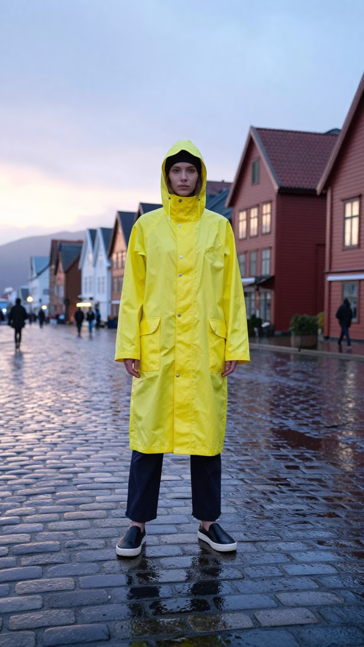High Fashion Editorial in Bergen Norway Pre-Dawn Rain Slipped Shoes and Cobblestones in in Bergen, Norway