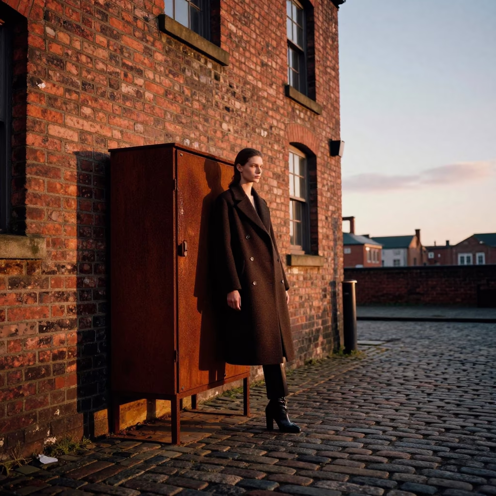 High Fashion Editorial in Liverpool at Sunset with Rusty Cabinet Latch Detail in in Liverpool, United Kingdom