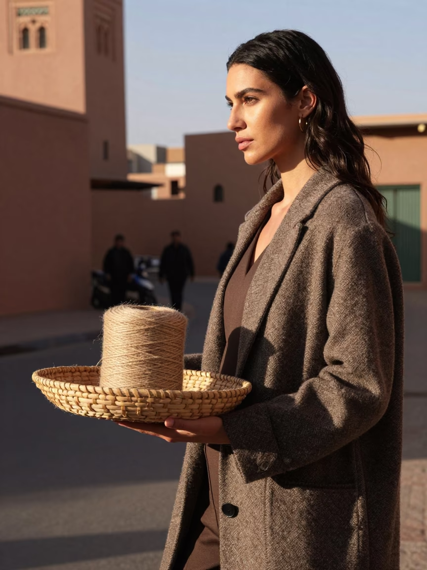 High Fashion Editorial in Marrakech Late Afternoon Light with Twine and Basket in in Marrakech, Morocco