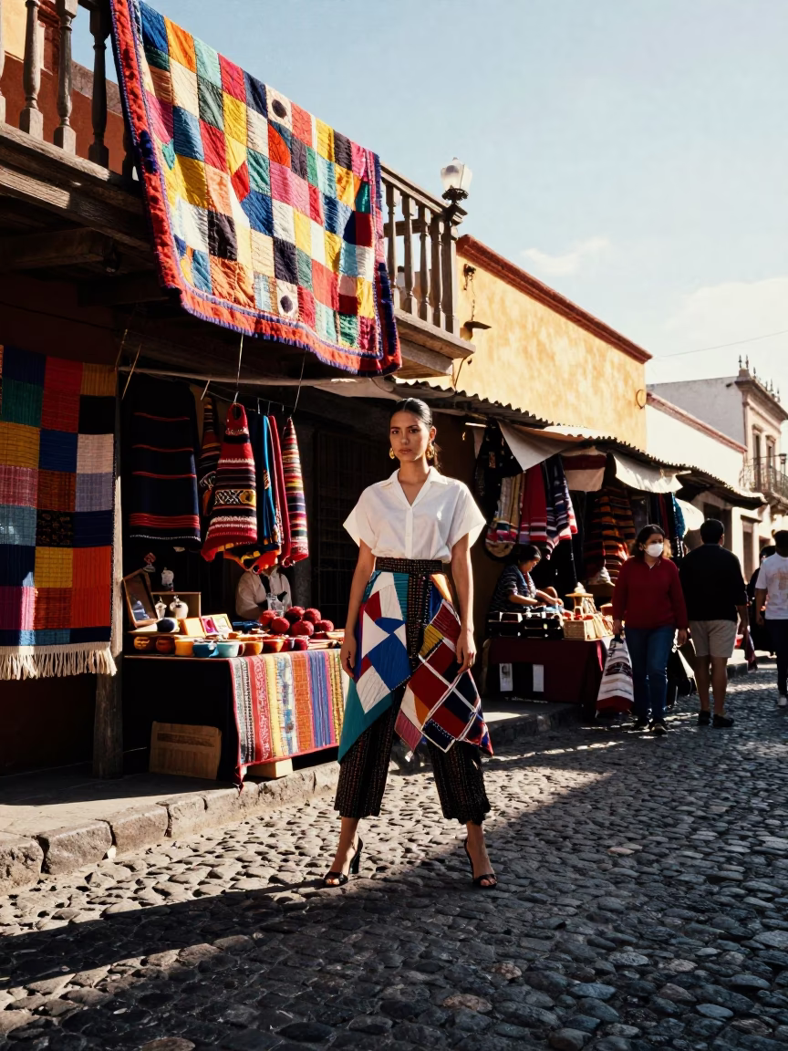 High Fashion Editorial in Oaxaca Mexico Early Afternoon Street Scene with Local Textile Details in in Oaxaca, Mexico