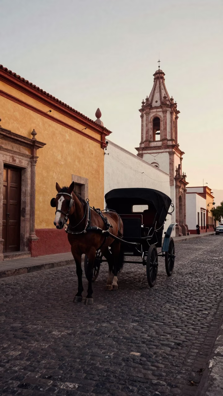 High Fashion Editorial in Oaxaca Mexico Early Morning Cobblestone Street with Horse Drawn Cart in in Oaxaca, Mexico