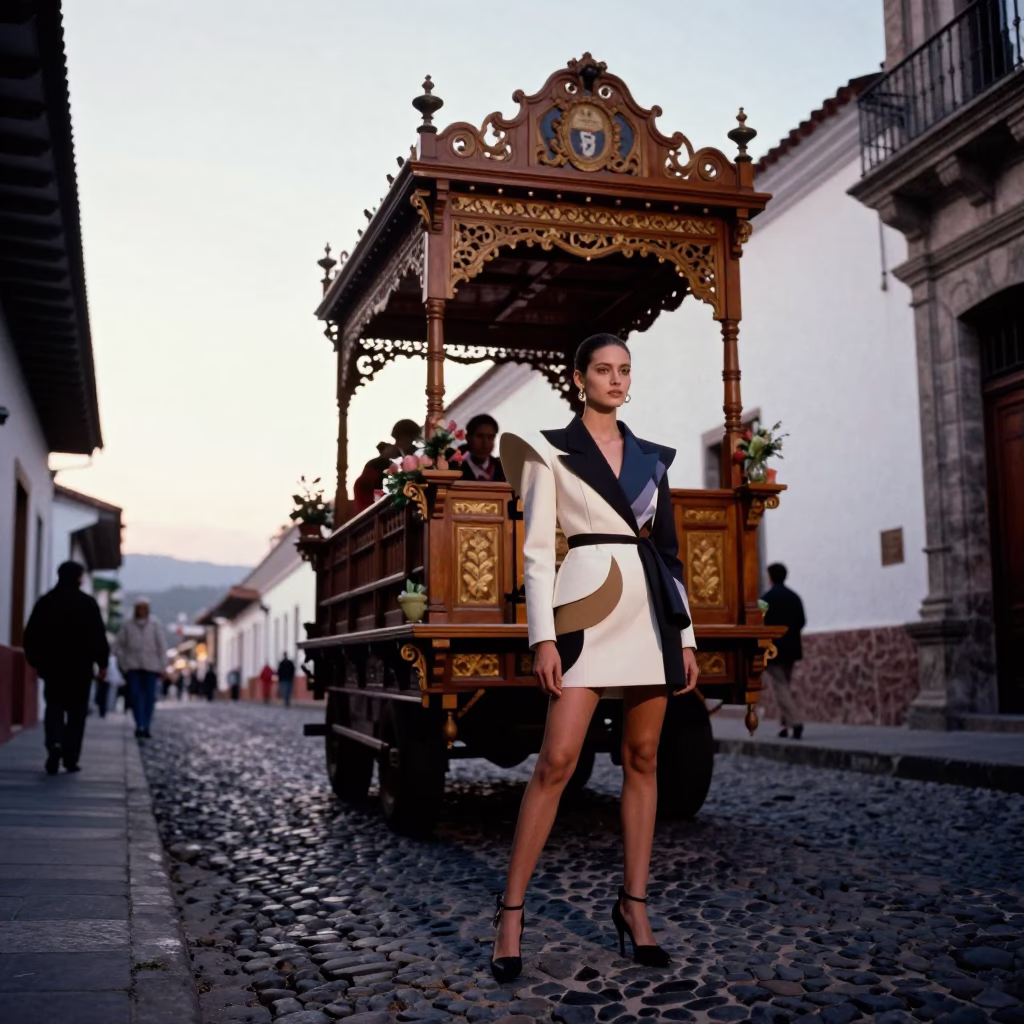 High Fashion Editorial in Quito Ecuador Early Morning Street Scene with Processional Float in in Quito, Ecuador