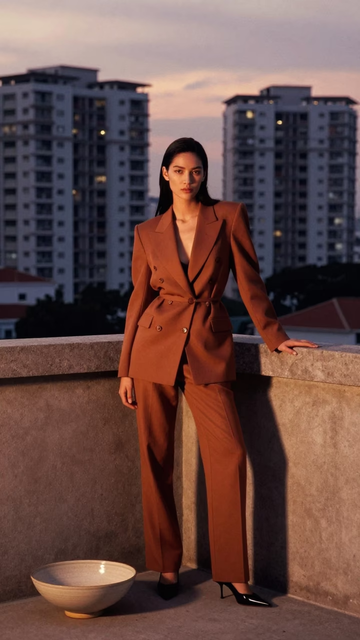 High Fashion Editorial in Singapore Dusk with Ceramic Bowl and Congee on Balcony in in Singapore, Singapore