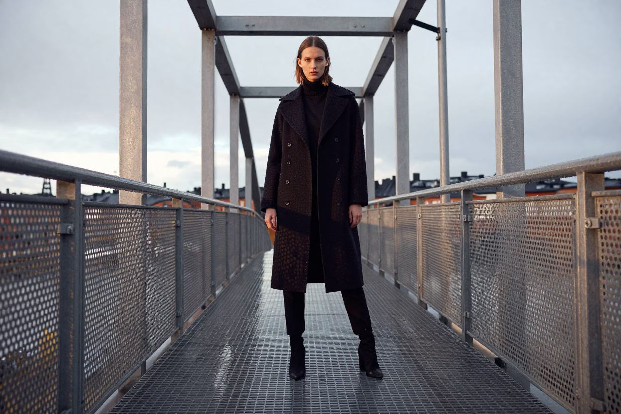 High Fashion Editorial in Stockholm Early Afternoon Pedestrian Overpass with Wet Footsteps in in Stockholm, Sweden
