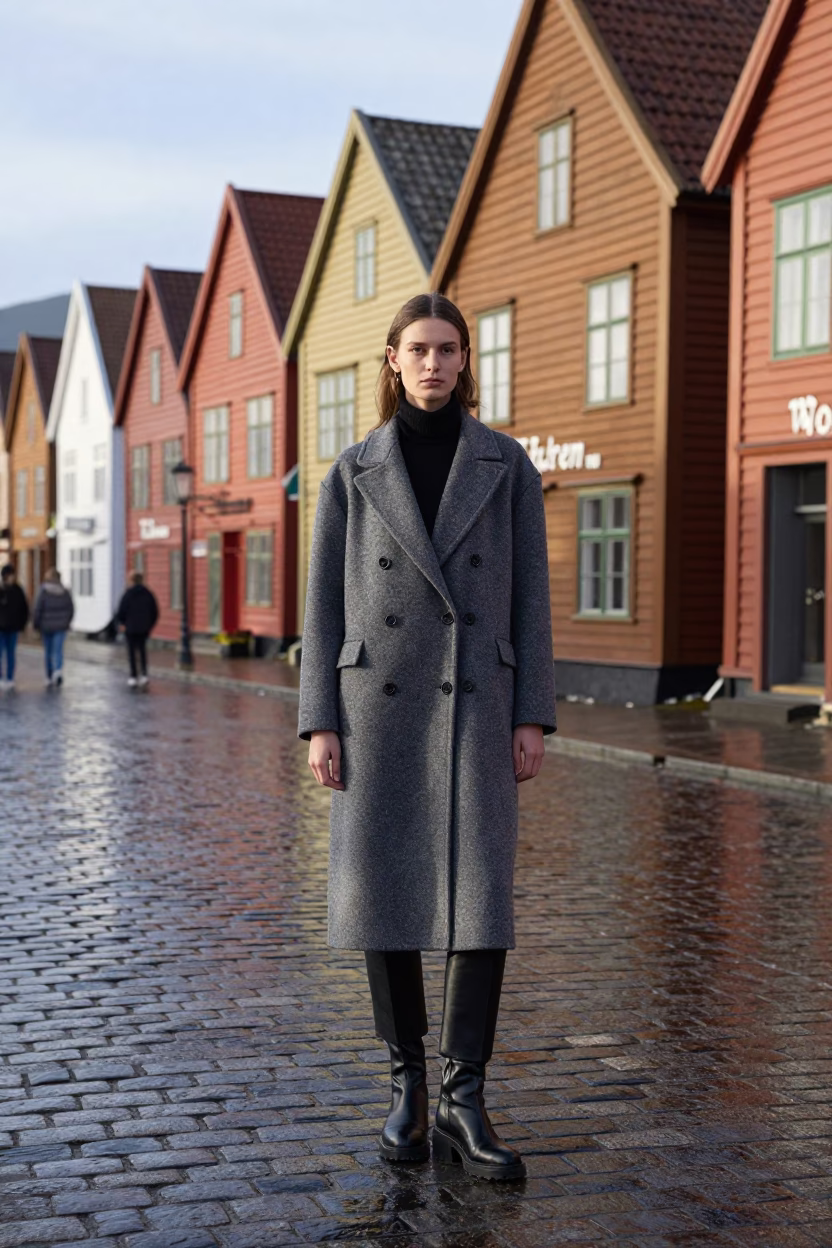 High Fashion Editorial Model in Bergen Norway Early Afternoon Harbor Street Scene in in Bergen, Norway
