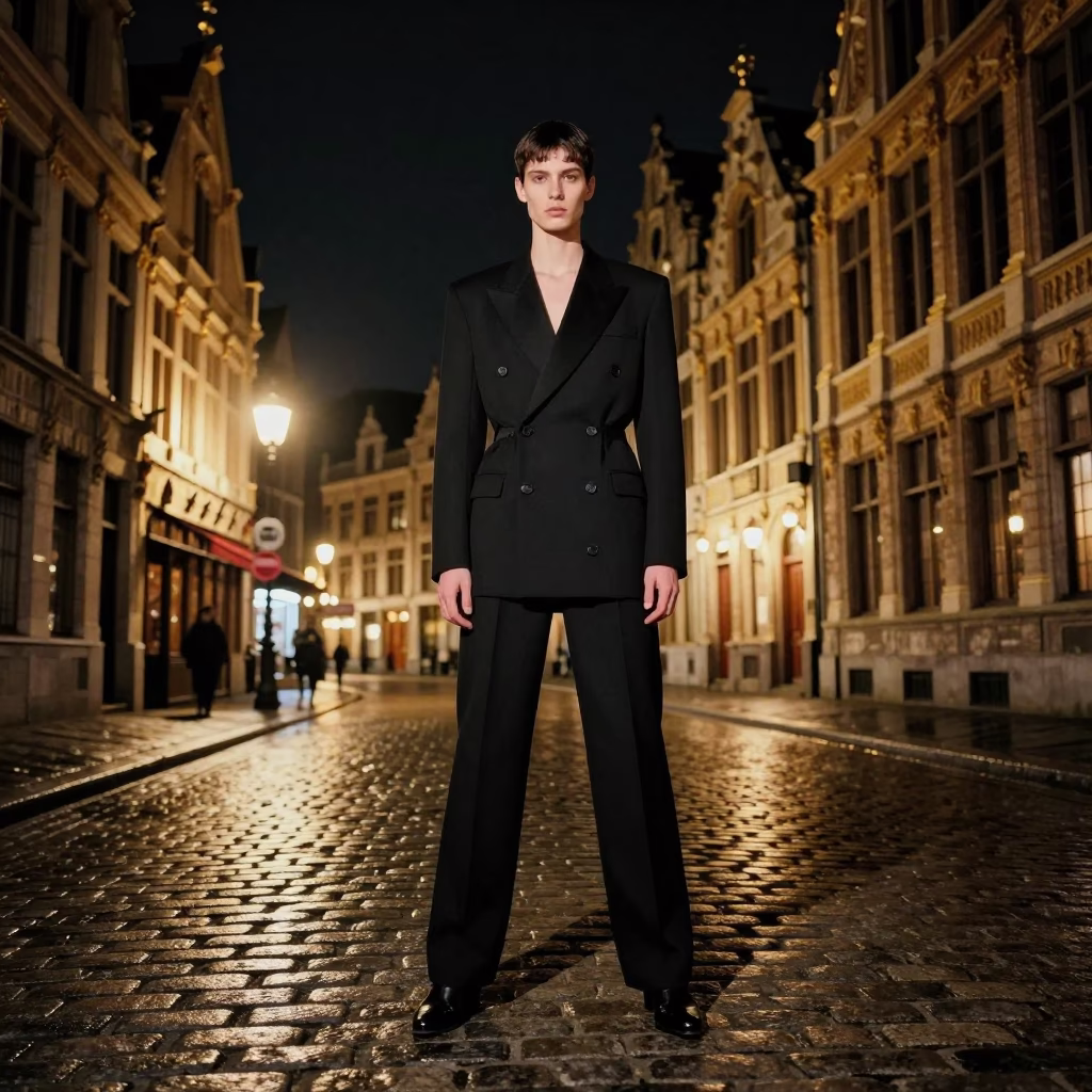 High Fashion Editorial Night Scene Brussels Belgium Cobblestone Street with Spindle Chair in in Brussels, Belgium