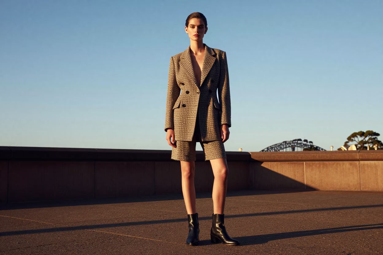 High Fashion Editorial Portrait in Late Afternoon Sydney Light with Coastal Wind Elements in in Sydney, New South Wales, Australia