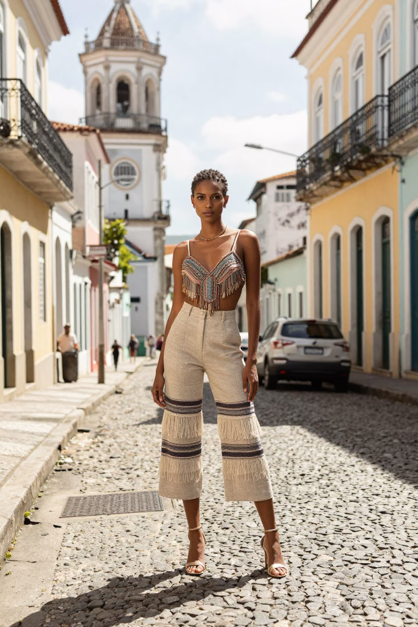 High Fashion Editorial Portrait in Salvador Brazil Late Morning Urban Street Scene in in Salvador, Brazil